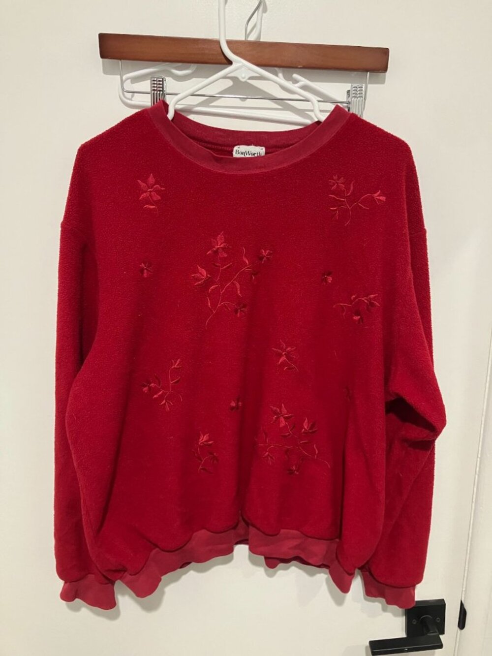 Vintage BonWorth Red Fleece Sweatshirt Embroidered Floral Crewneck Pullover XL